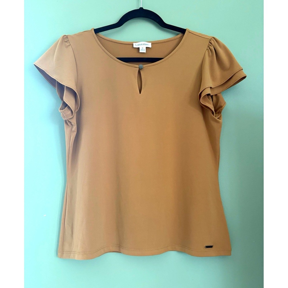 Calvin Klein Beige Polyester Knit Keyhole Round Neck Flutter Sleeve Blouse M
